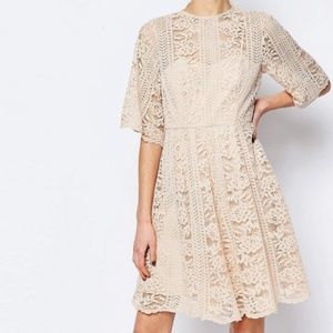 Premium Lace Skater Dress Angel Sleeve Blush